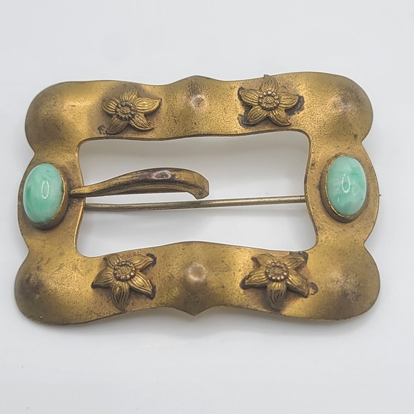 Vintage Sash Pin Brooch Green Glass Flowers‎ Gold Tone